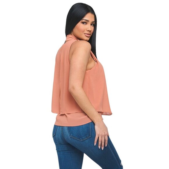 NWT Coral Pink Sleeveless Ruffle Blouse Shirt Top with Tie-Neck - Picture 3 of 4